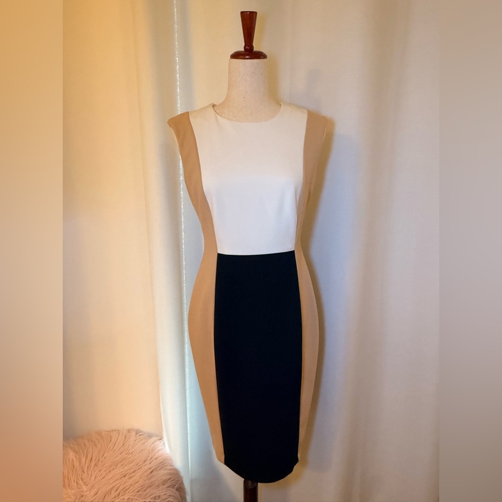 Calvin Klein Tan, White, and Black Midi Dress